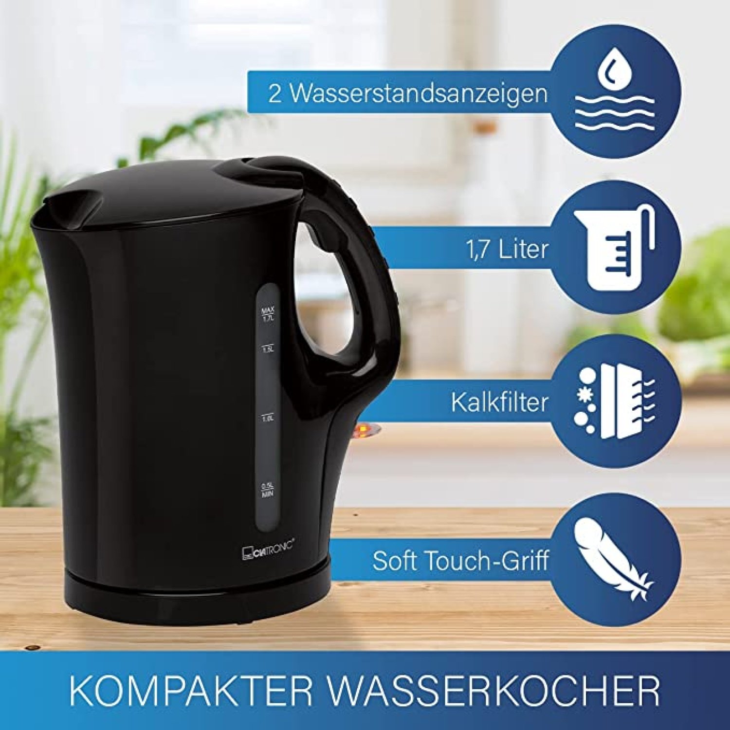 Su ısıtıcısı - Kettle (3 Renk - Beyaz - Gri - Siyah) siyah Clatronic Su ısıtıcısı / Kettle - Görsel 1