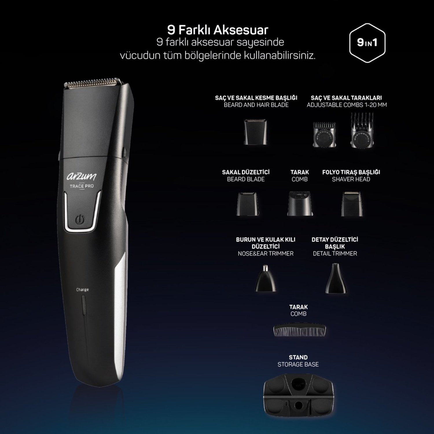 AR5201 Trace Pro 9 in 1 Erkek Bakım Seti - Siyah
