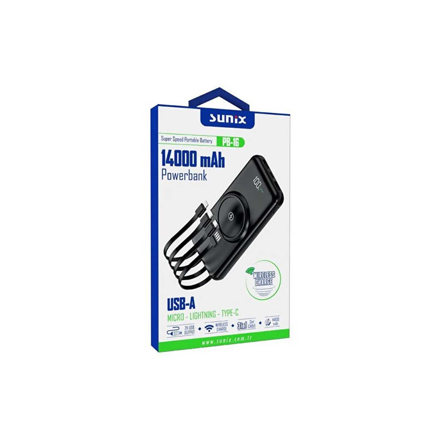 Sunix PB-16 14000 mAh Micro USB Lightning Type-C Çıkışlı Powerbank - Görsel 1