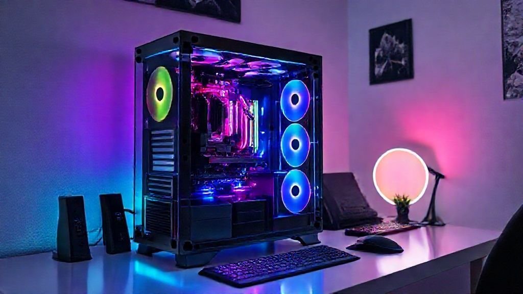 Yüksek performanslı oyuncu bilgisayar Kıbrıs build setup, RGB aydınlatmalı kasa ve modern oyun masası görünümü.