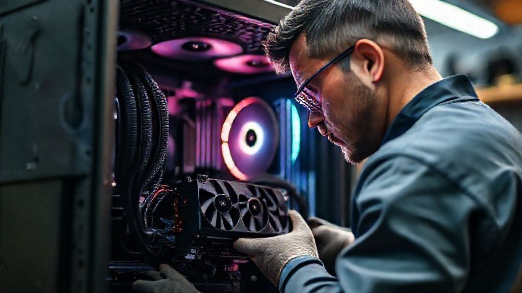 Kıbrıs’ta oyuncu bilgisayar toplama süreci, teknik personelin GPU montajı yaptığı detaylı çalışma görüntüsü.