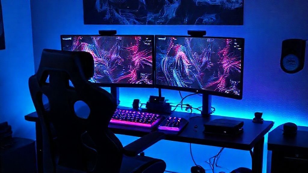 Kıbrıs e-spor oyuncu bilgisayar setup, çift monitörlü oyun masa düzeni ve RGB ekipmanlar.