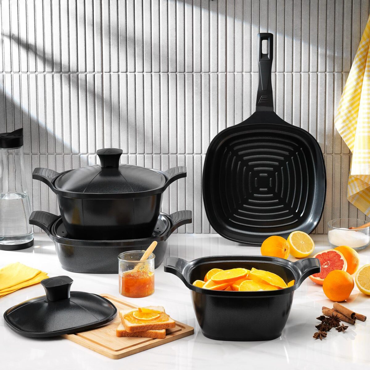 Schafer Felsen Kare Seramik Tencere Seti 7 Parça-Siyah - Görsel 1