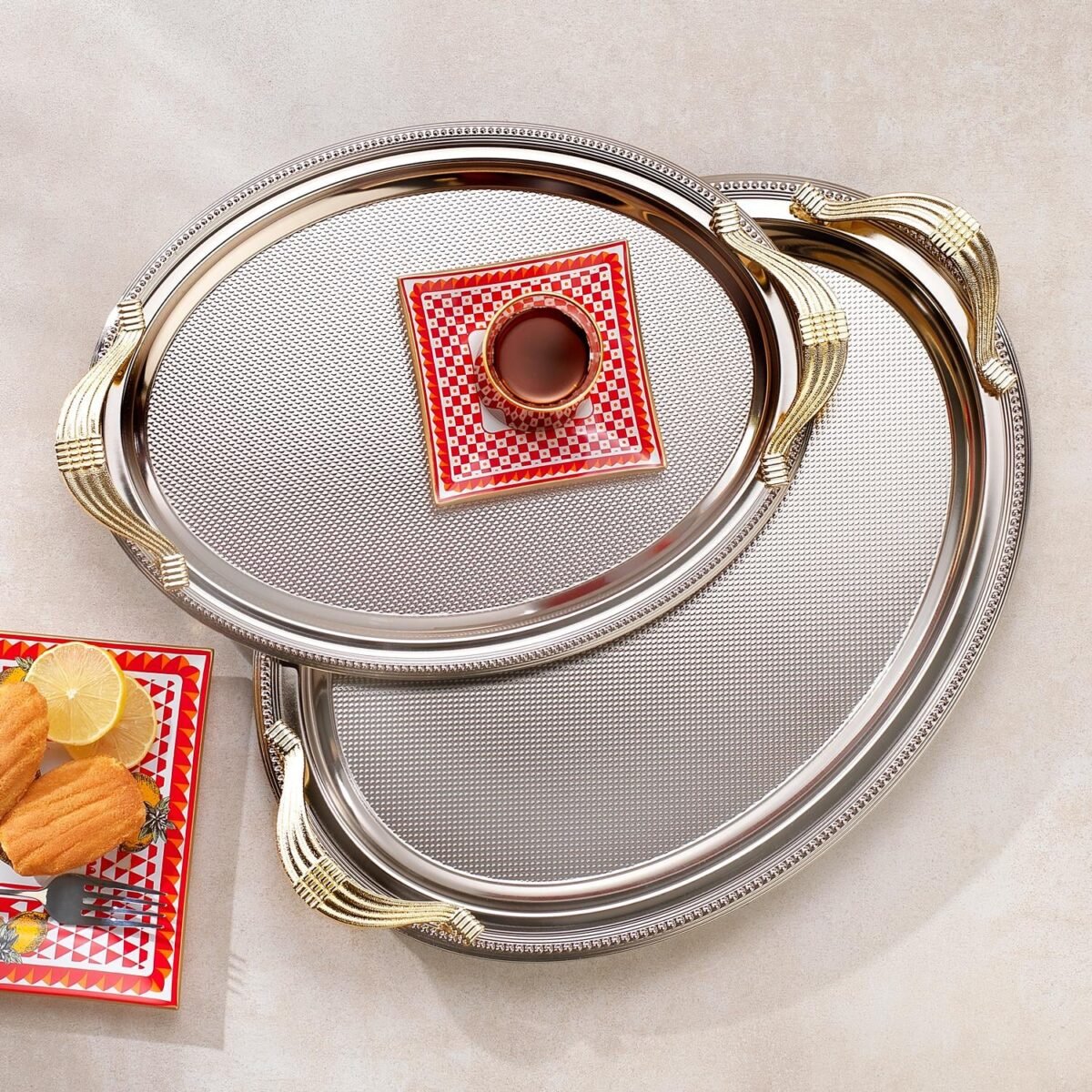 ELA 2'Lİ OVAL ÇAY TEPSİSİ PLATİN - Image 1